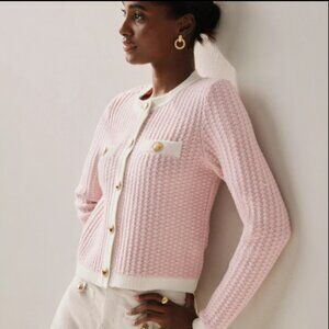 ANN TAYLOR SWEATER JACKET TEXTURE STITCH PINK WHITE GOLD BUTTON CARDIGAN $149 XS